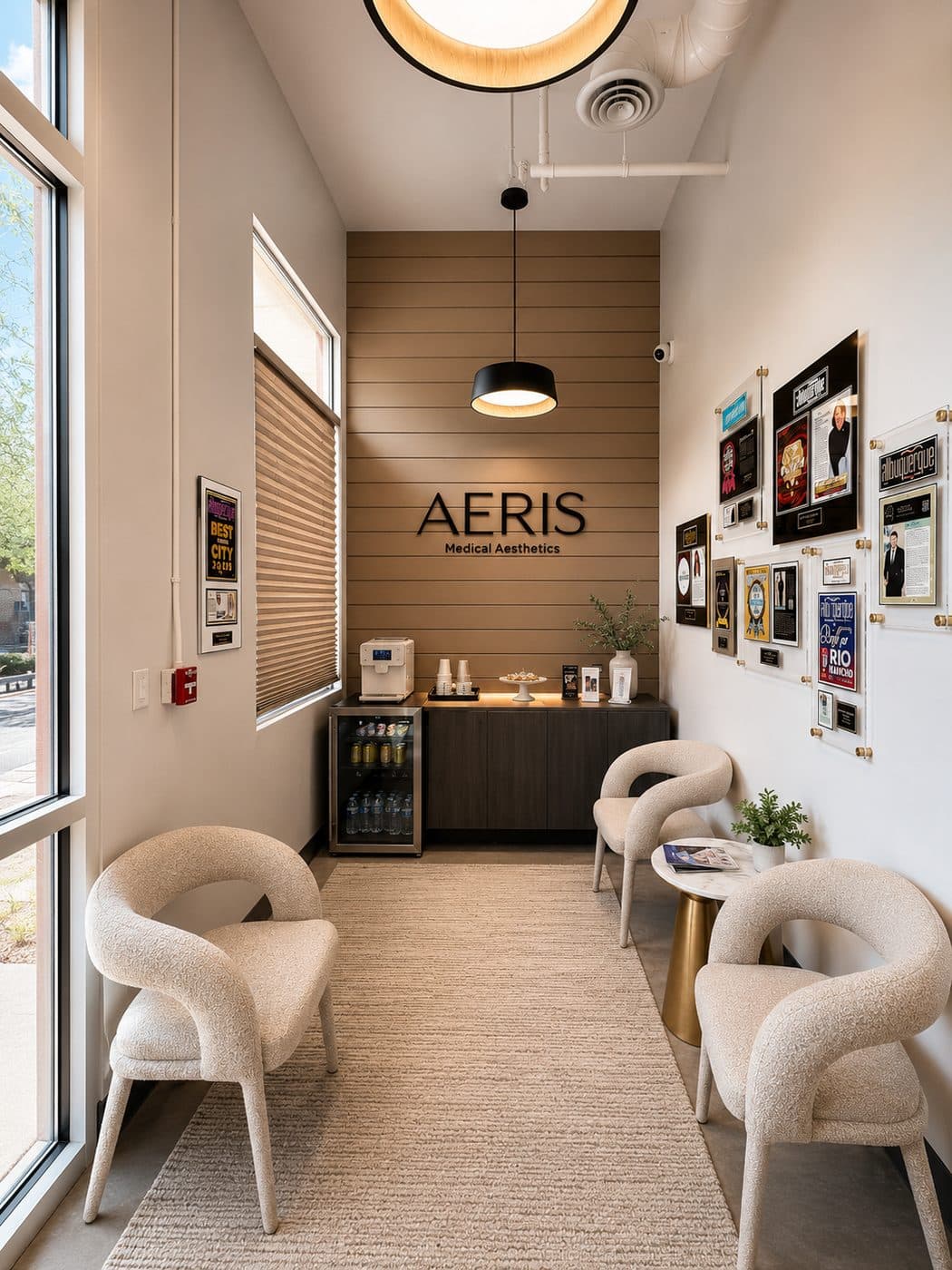 The entry at Aeris — reception wall, refreshment bar and waiting seats