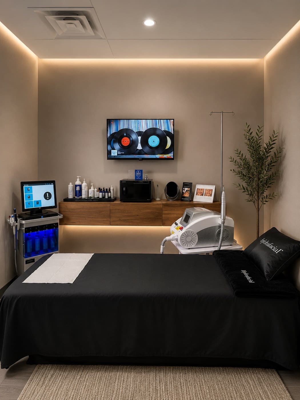 HydraFacial suite at Aeris — device, draped table and olive tree