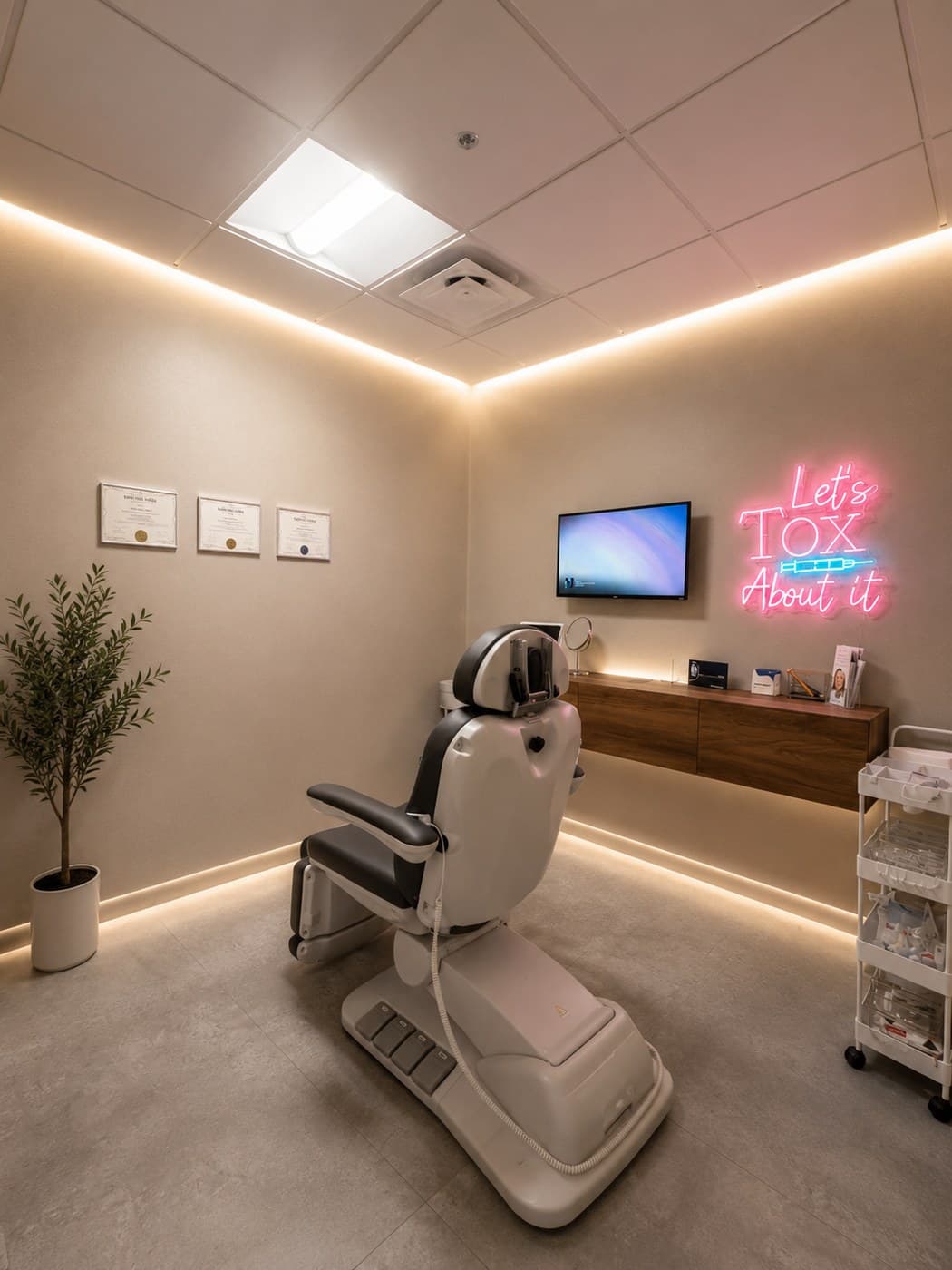 The injectable suite at Aeris — treatment chair beneath a neon sign