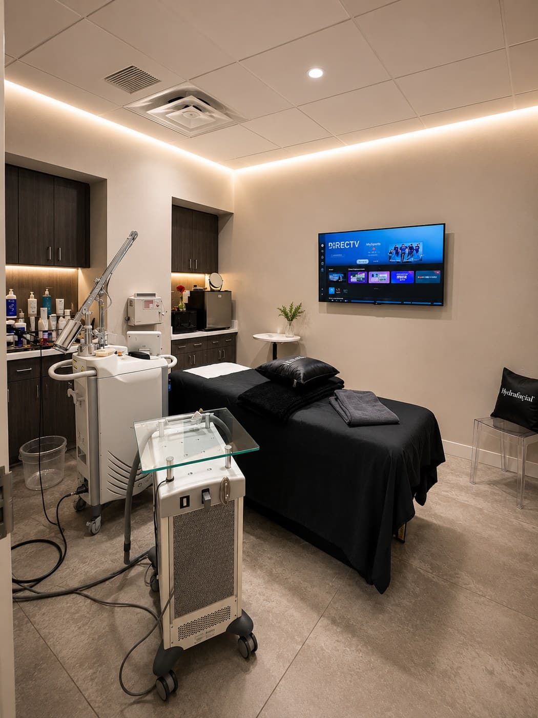Treatment room at Aeris — laser platform, draped table and warm cove lighting